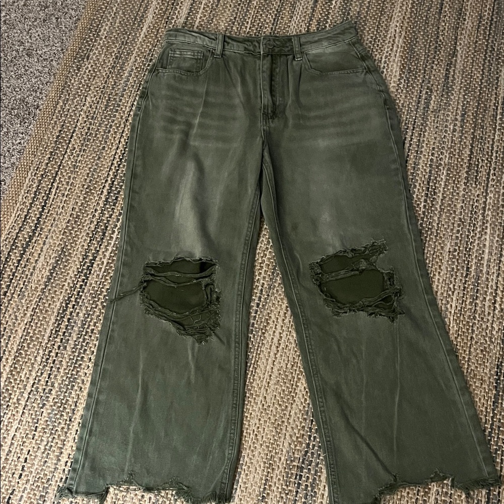 Zenana Outfitters Green Distressed Wide Leg Jeans